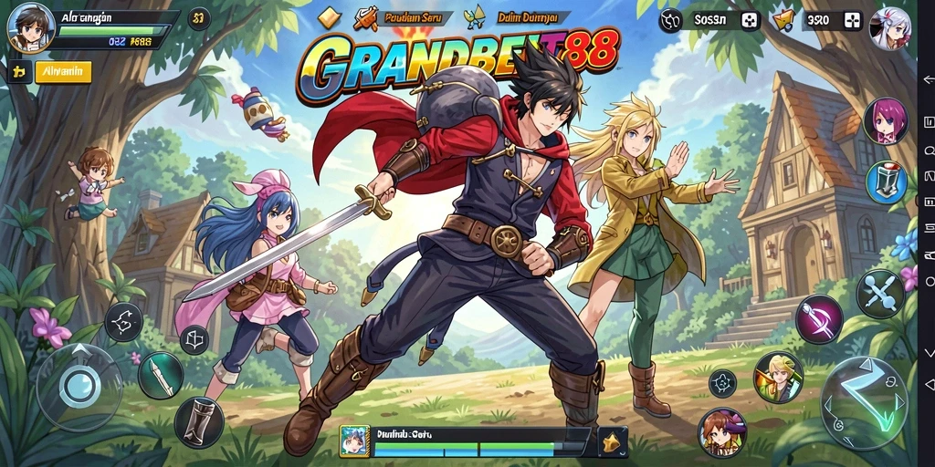 Screenshot gameplay <strong>GRANDBET88</strong> menunjukkan pertempuran karakter anime yang menegangkan.