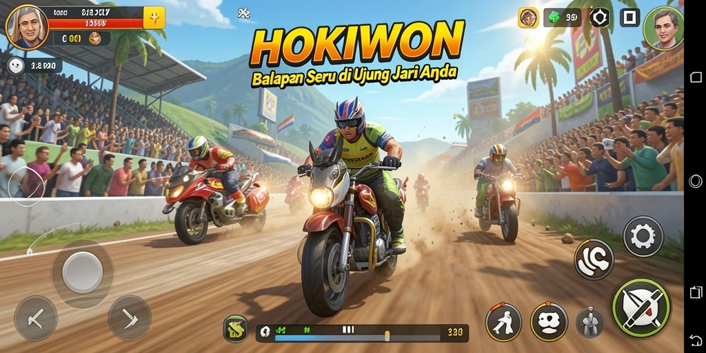 Screenshot gameplay HOKIWON yang menampilkan aksi balapan mendebarkan.