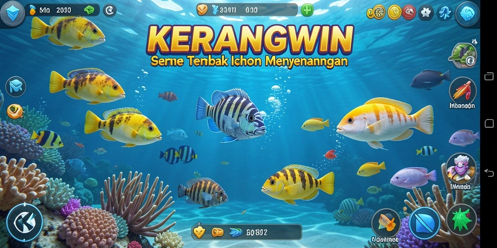 Tampilan gameplay KERANGWIN yang menampilkan aksi menembak ikan.