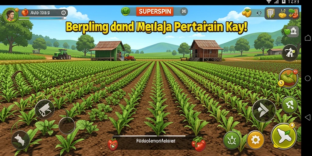 Tampilan screenshot SUPERSPIN yang menunjukkan aktivitas pertanian yang menyenangkan.