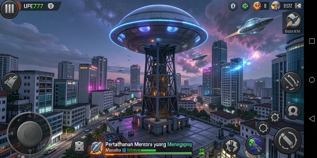 Screenshot UFO777 menampilkan pertarungan menara pertahanan yang seru.